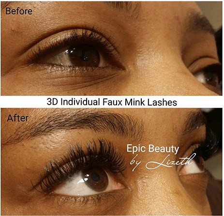 Closeup of right eye before and after eyelash extension