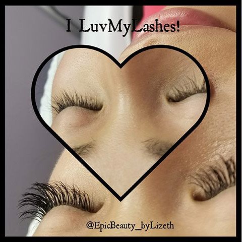 Woman after eyelash extension and heart with before image