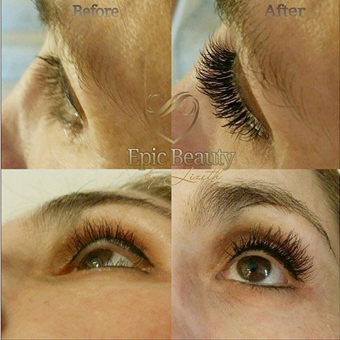 Four iamges of left eye before and after eyelash extensions