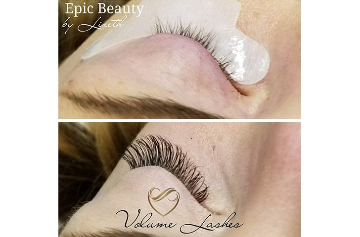 Closeup of eyelashes during and after extensions