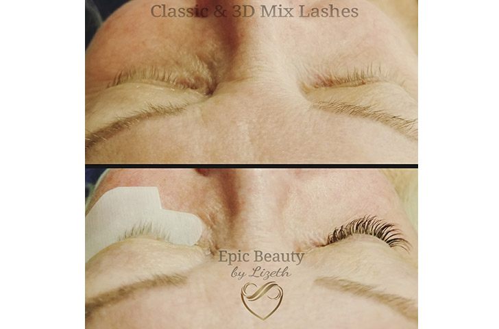 Woman's eyelashes before and during extensions