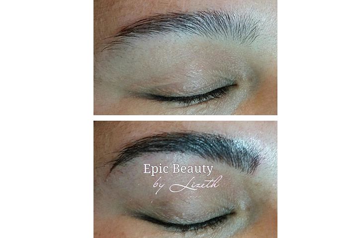 Closeup of one eye before and after microblading